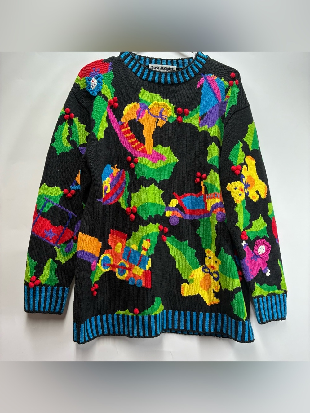Vintage 90s Jack B Quick Medium AOP Christmas Toys Holy Sweater Knit Cotton